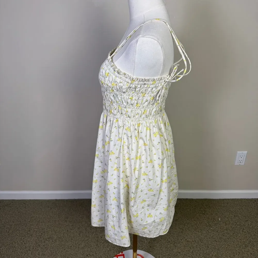 Divided by H&M White Smocked Bodice Floral Cotton Mini Dress US Womens L - Picture 5 of 9